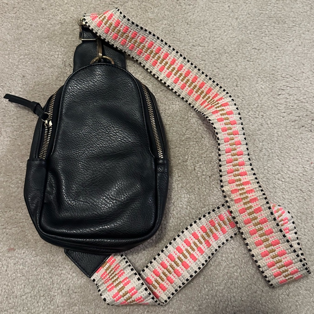 Anthropologie Black Leather Crossbody Bag with Patterned Strap